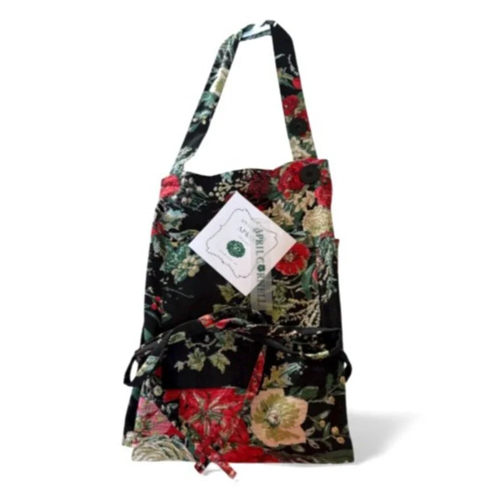 April Cornell Chef Apron Christmas Merry Black French Country Floral 100% Cotton